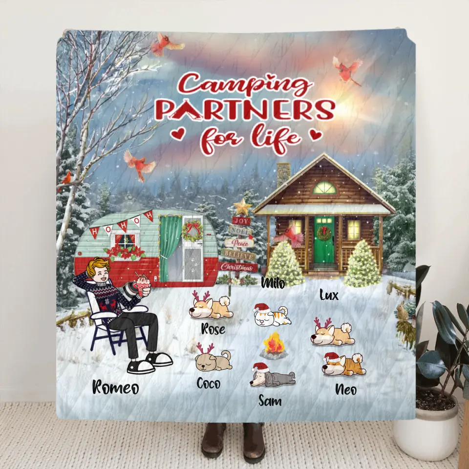 Personalized Christmas Camping Quilt/Fleece Throw Blanket - Adult/Couple With Up to 6 Pets - Christmas Gift For Dog/Cat Lover - Camping Partners For Life