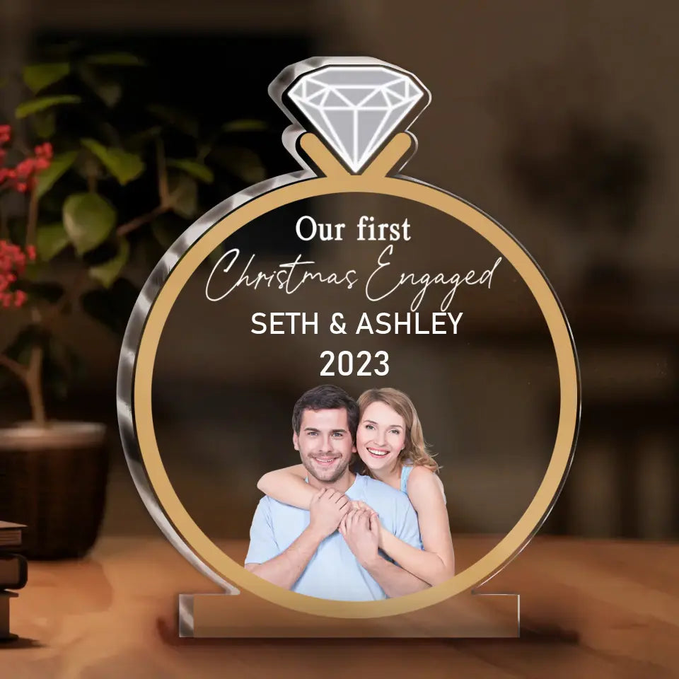 Personalized Couple Acrylic Plaque - Upload Photo - Anniversary/Wedding Gift For Couple - Our First Christmas Engaged
