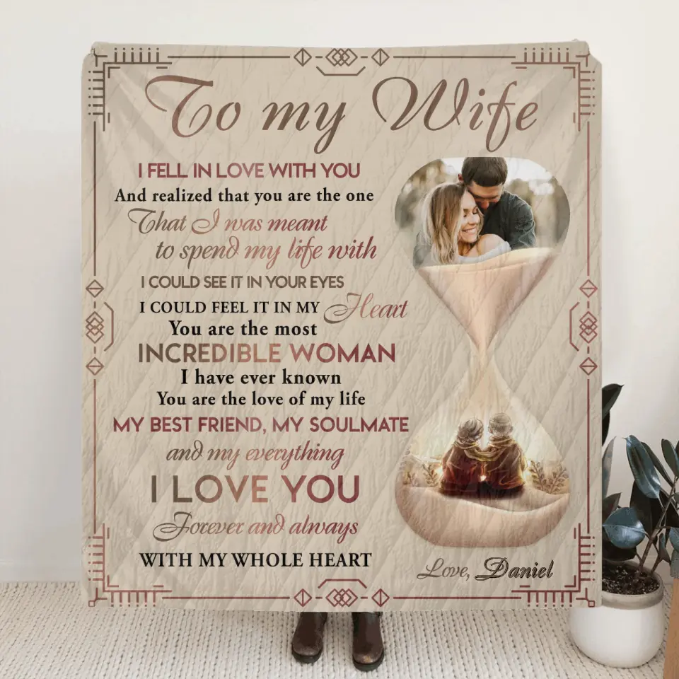 Personalized Couple Hourglass Quilt/Fleece Throw Blanket - Upload Photo - Gift Idea To Wife From Husband - To My Wife I Fell In Love With You