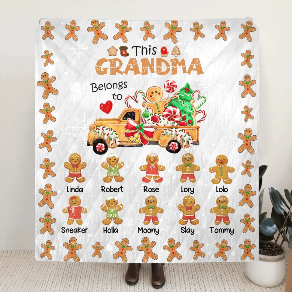 Personalized Christmas Gingerbread Grandma Quilt/Fleece Throw Blanket - Up to 10 Grandkids - Christmas Gift Idea For Grandma - This Grandma Belongs To
