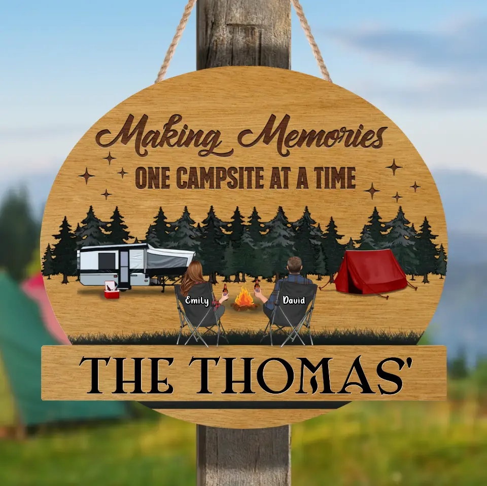 Personalized Camping Wooden Sign - Couple with Up to 2 Kids & 3 Pets - Camping Lovers Gift