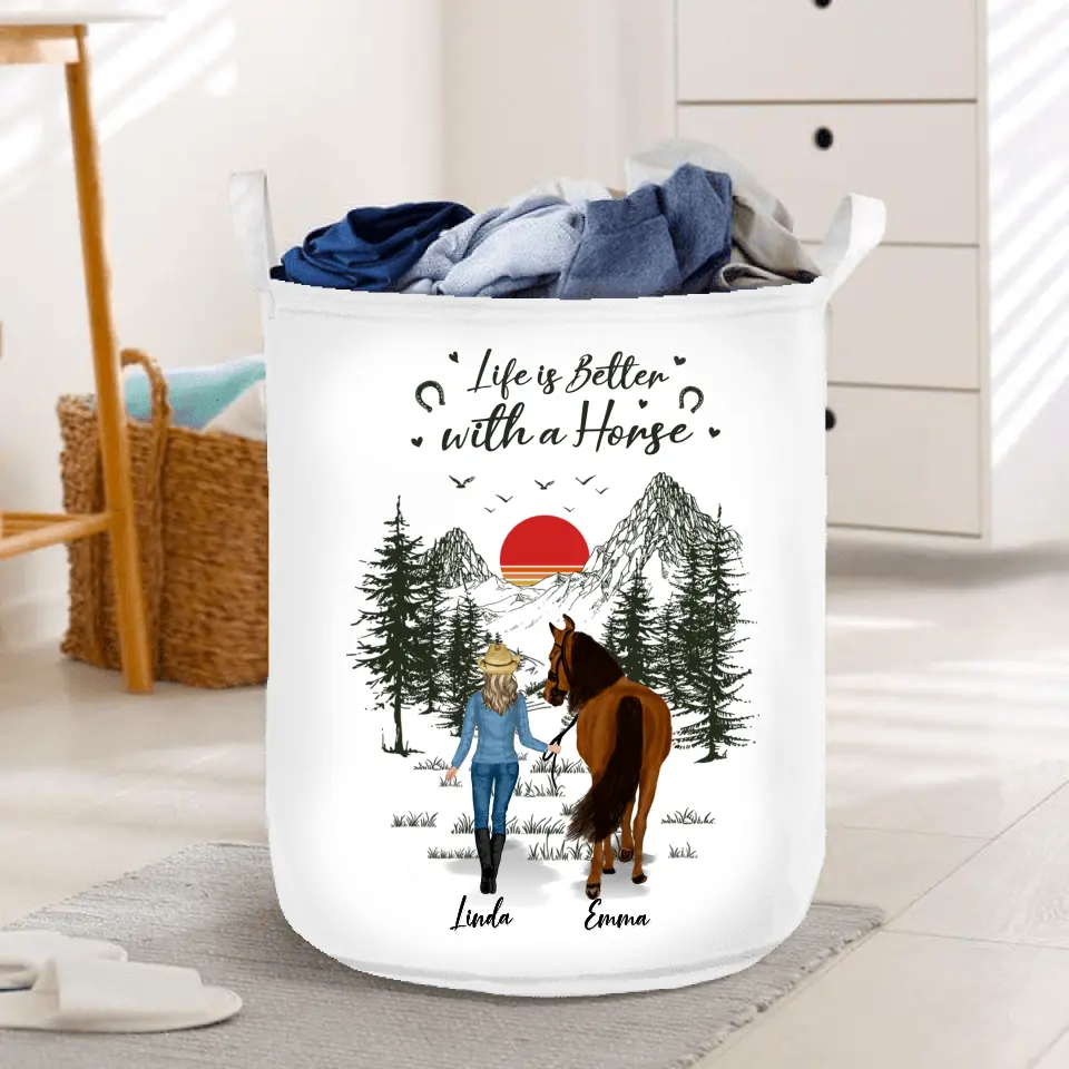Personalized Horse Girl Laundry Basket - Gift For Horse Lover - Up to 4 Horses - Life Is Better With A Horse