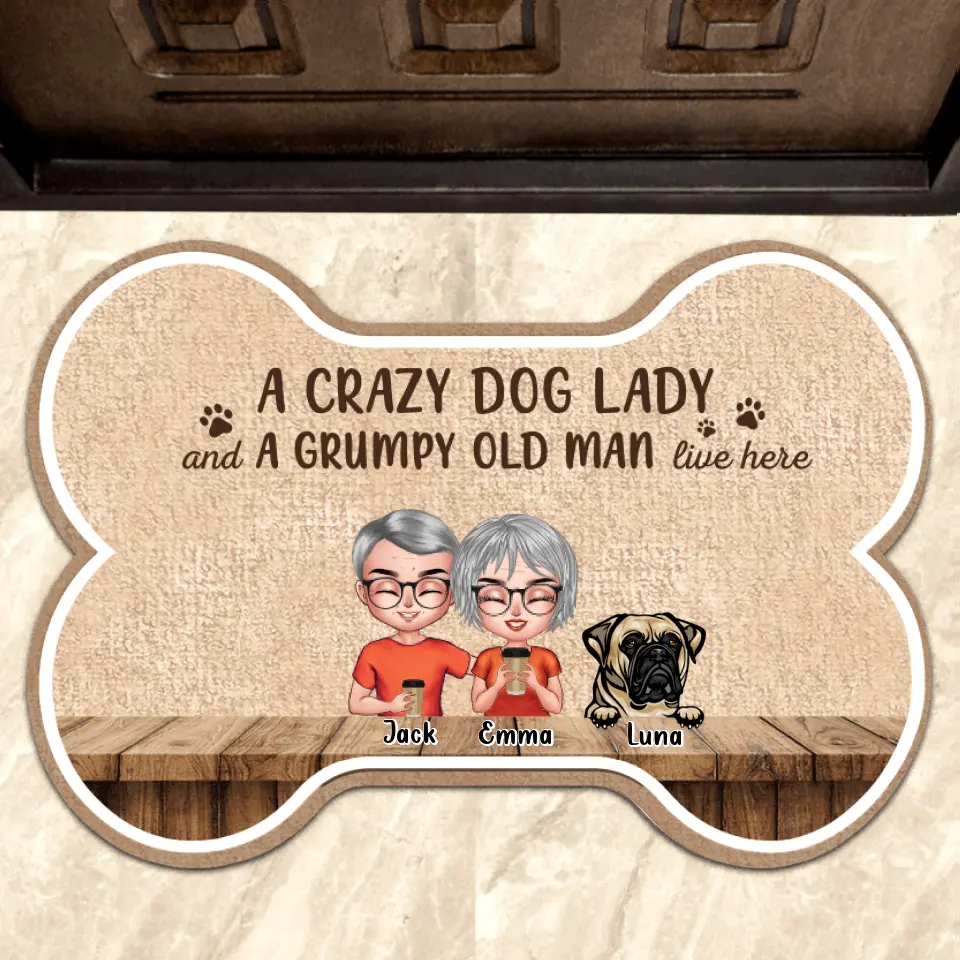 Personalized Dog Bone Area Rug - Gift For Dog Lovers with up to 6 Dogs - A Crazy Dog Lady and A Grumpy Old Man Live Here
