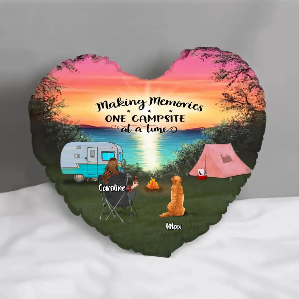 Personalized Camping Heart Pillow - Couple With Up to 2 Kids And 3 Pets - Gift Idea For Camping Lover - Making Memories One Campsite At A Time