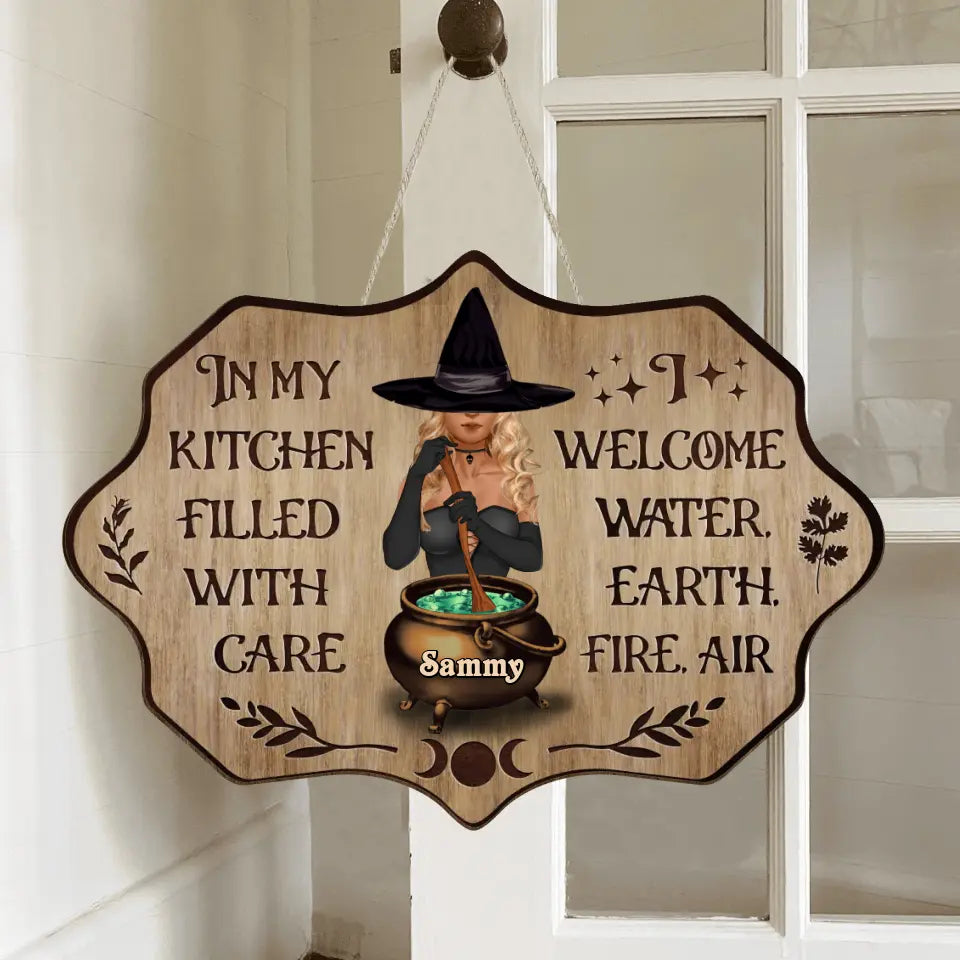 Personalized Witch Wooden Sign - Halloween Gift Idea For Friends/Sisters/Wiccan Decor/Pagan Decor - In My Kitchen Filled With Care I Welcome Water Earth Fire Air