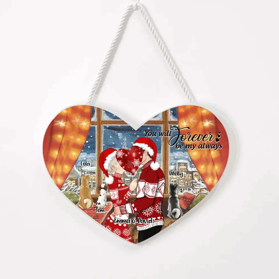 Personalized Kissing Couple Xmas Heart Wall Art - Couple With Up to 3 Pets - Best Gift For Christmas - You Will Forever Be My Always - EWFNOK