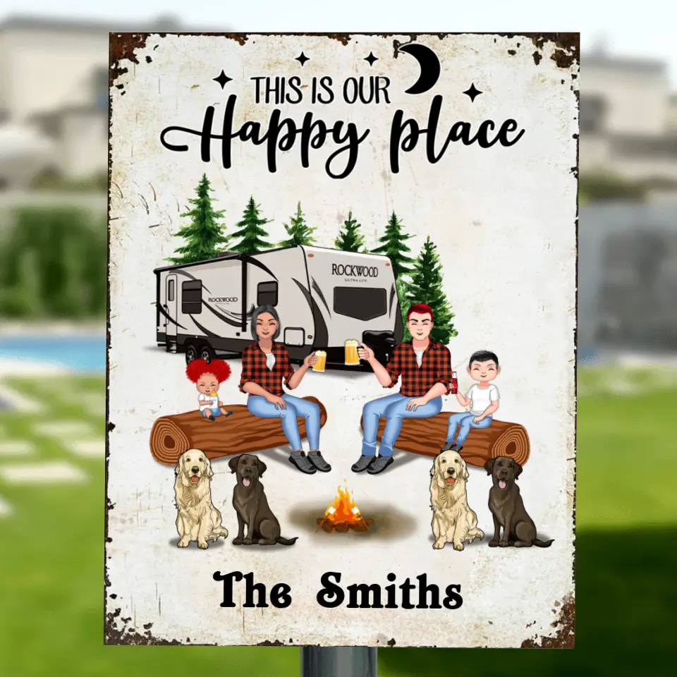 Personalized Camping Family Metal Sign - Gift Idea For Camping Lovers with up to 2 Kids and 4 Dogs - This Is Our Happy Place