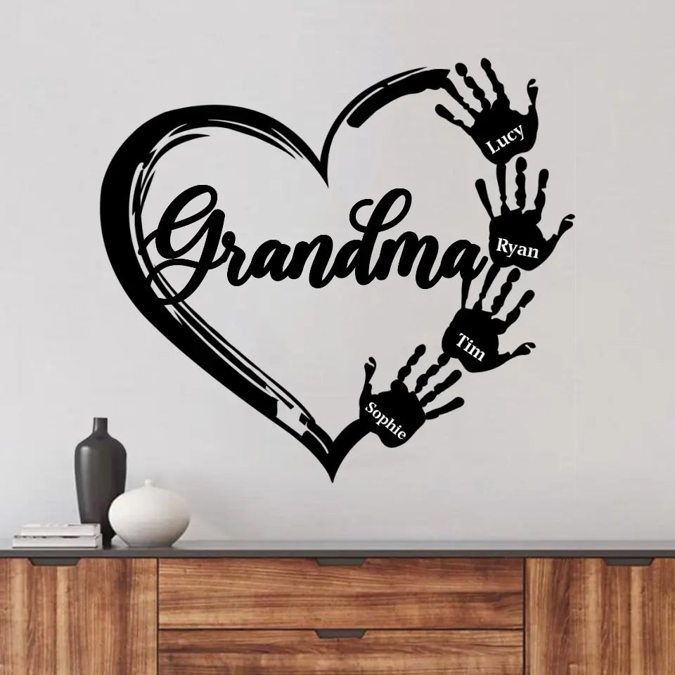 Personalized Grandma Mom Heart Hand Monogram Metal Sign - Up to 4 Kids - Gift Idea For Grandma, Mama