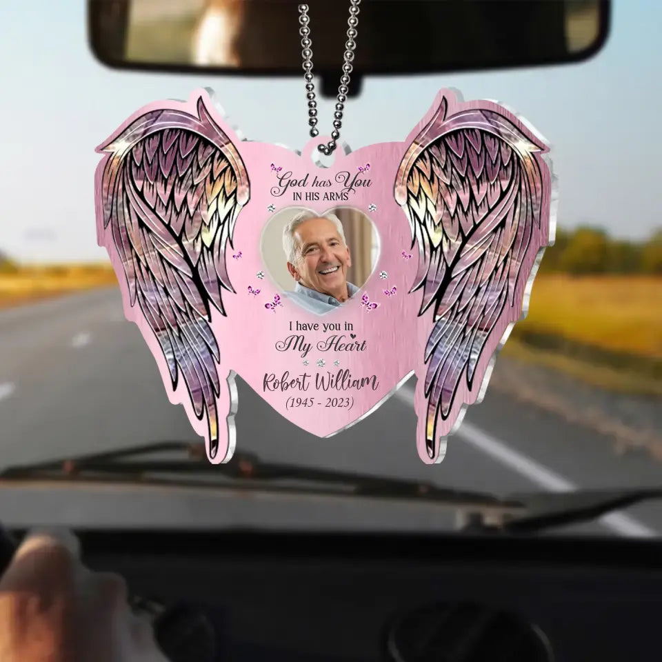 Personalized Memorial Heart Wings Acrylic Ornament - Upload Photo - Memorial Gift Idea For Family Member/Pet Lover - God Has You In His Arms I Have You In My Heart