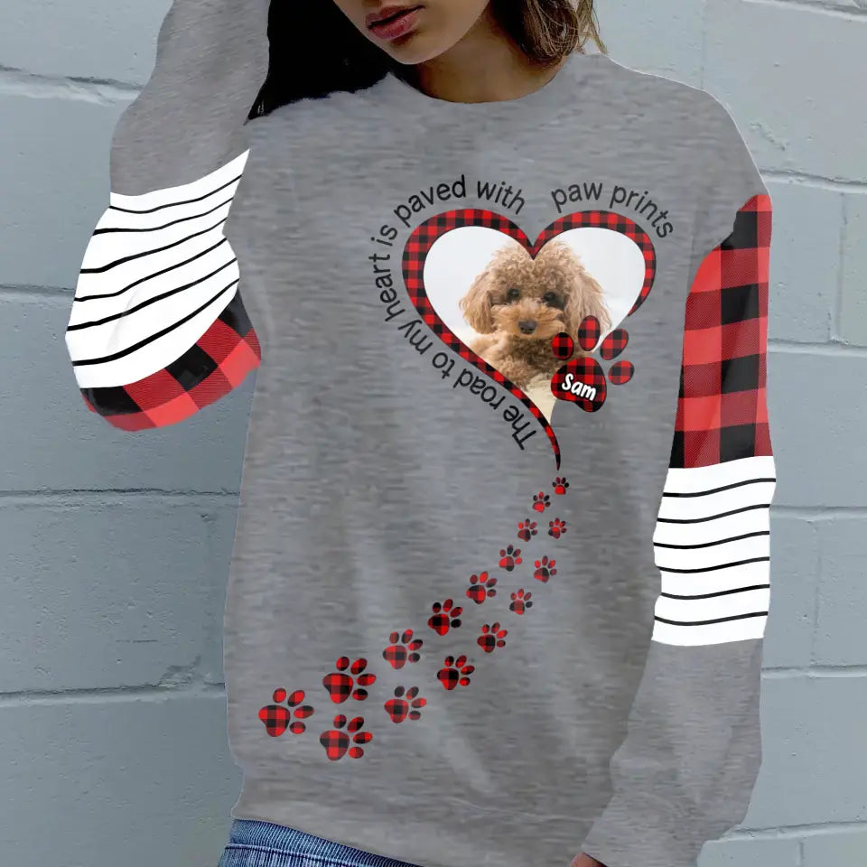 Personalized Pet Photo AOP Sweater - Mother's Day Gift for Dog/Cat Lovers - The Road To My Heart Is Paved With Paw Prints