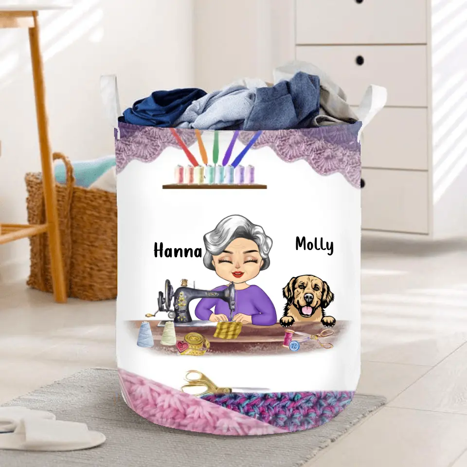 Personalized Sewing Woman With Pets Laundry Basket - Mother's Day Gift For Mom/Grandma With Up To 6 Pets - I Crochet Because Punching People Is Frowned Upon