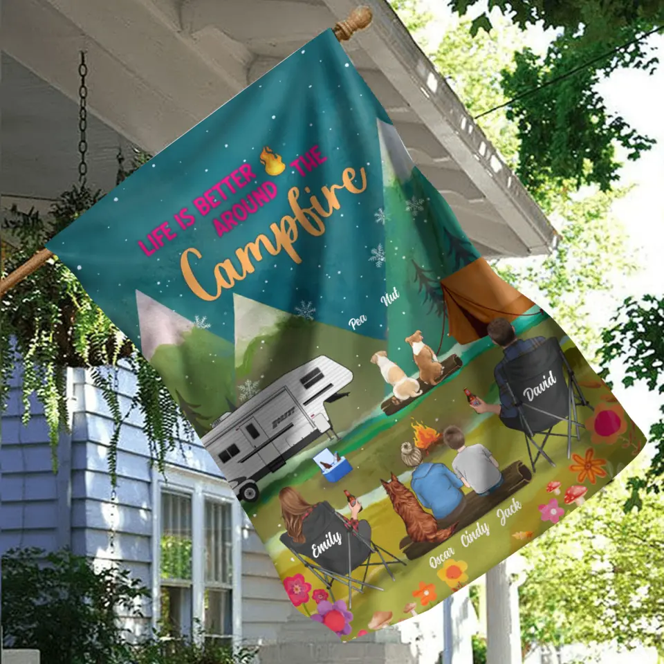 Personalized Camping Flag Sign - Gift Idea For Family/Camping Lover - Couple/Parents/Single Parent With Up to 4 Kids And 4 Pets - Life Is Better Around The Campfire