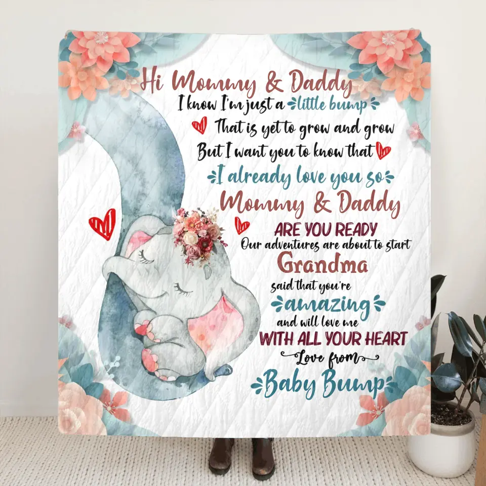 Personalized Elephant Quilt/Fleece Throw Blanket - Gift Idea For New Dad/Mom - Hi Mommy Daddy