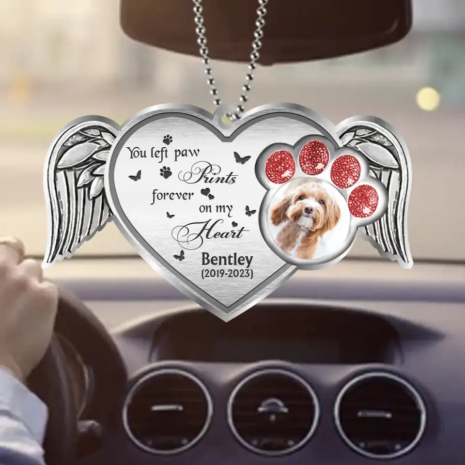 Personalized Memorial Heart Wings Aluminum Car Ornament - Memorial Gift Idea For Pet Lover - Upload Photo - You Left Paw Prints Forever On My Heart
