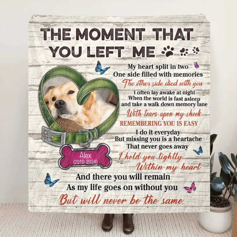 Personalized Memorial Pet Collar Fleece Throw/Quilt Blanket - Upload Photo - Memorial Gift Idea For Dog/Cat Lover - The Moment That You Left Me
