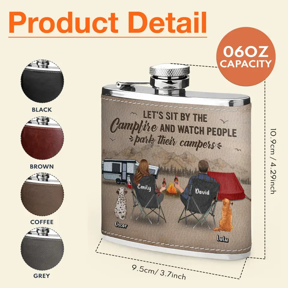 Personalized Camping Leather Flask - Gift Idea For Camping Lover/Couple/Family - Couple/Parents With Up to 3 Kids And 2 Pets - Let's Sit By The Campfire And Watch People Park Their Campers