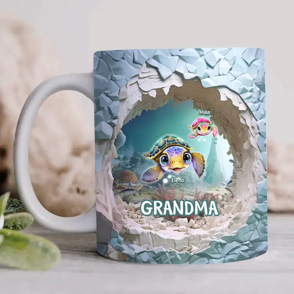 Personalized Grandma Turtle 3D Effect Coffee Mug - Gift Idea For Grandma/Mom/Mother's Day - Up to 10 Kids
