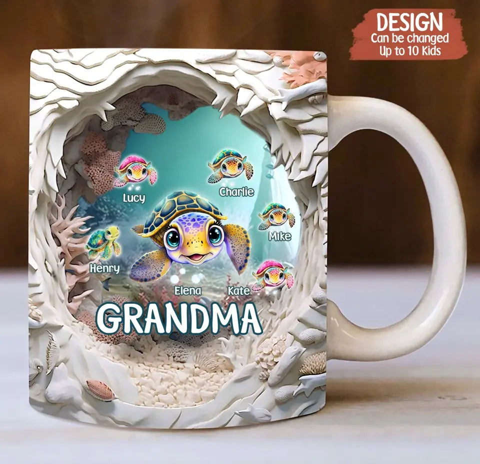 Personalized Grandma With Kids Turtle 3D Effect Coffee Mug - Gift Idea For Grandma/Mom/Mother's Day - Up to 10 Kids