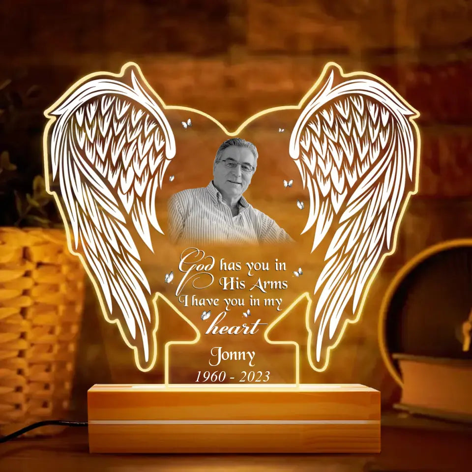 Personalized Memorial Photo Acrylic Night Light - Memorial Gift Idea - God Has You In His Arms I Have You In My Heart