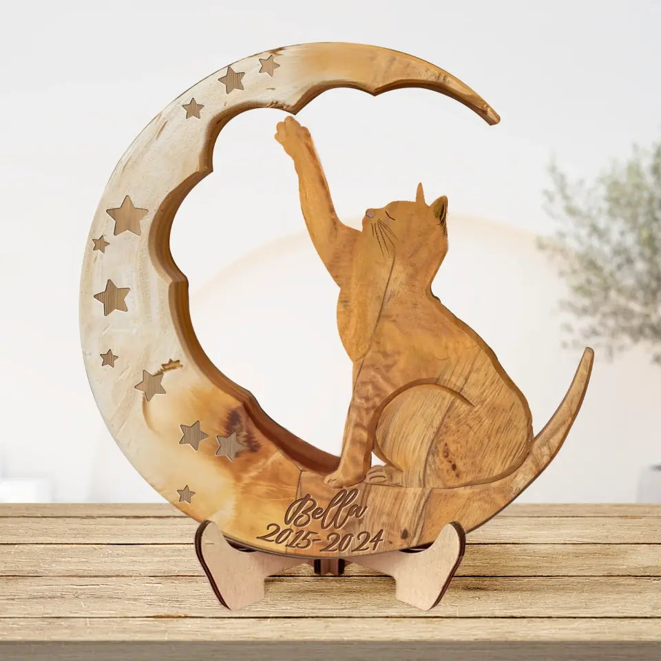 Personalized Memorial Cat Moon 2 Layered Wooden Art - Memorial Gift Idea for Cat Lover