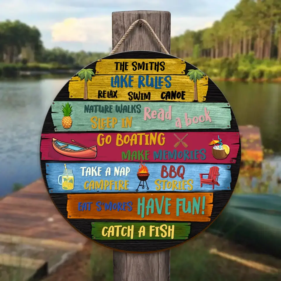 Personalized Lake Rules Wooden Sign - Gift Idea For Family - Relax Swim Canoe