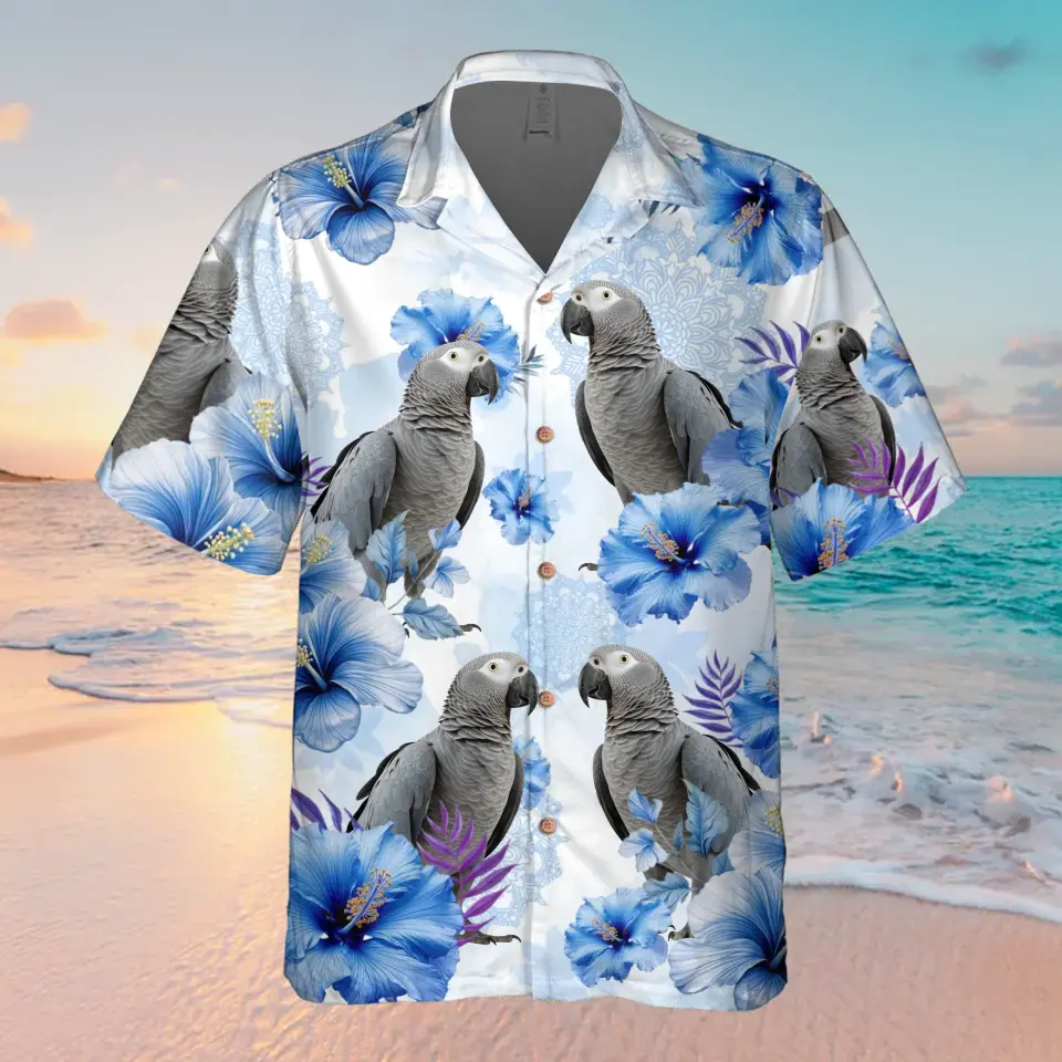 Personalized Blue Flower Parrot Hawaiian Shirt - Upload Parrot Photo - Summer Gift Idea