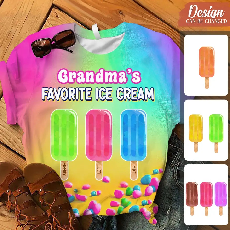 Personalized Grandma's Favorite Ice Cream AOP T-shirt - Gift Idea For Grandma/Mother - Up to 10 Kids