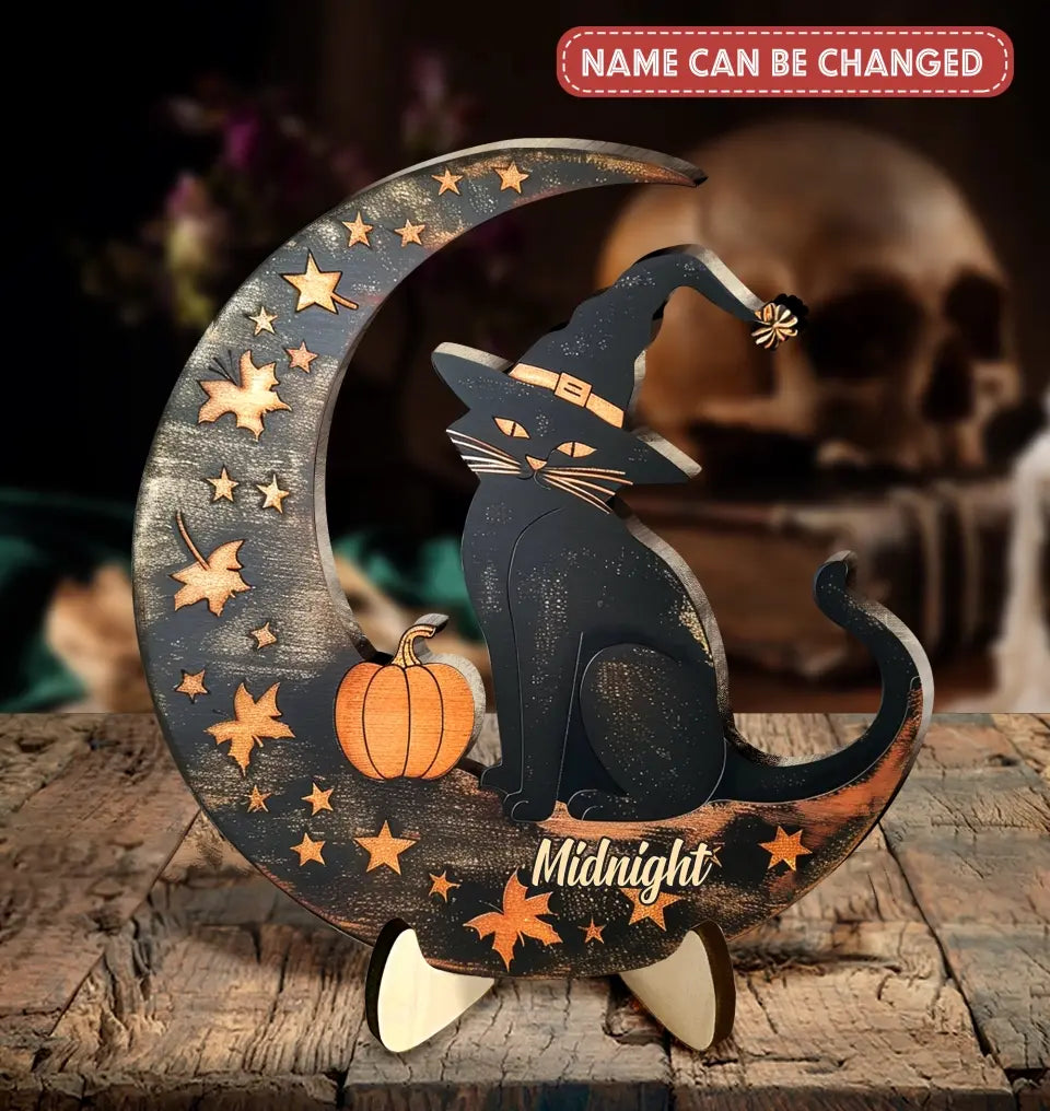 Personalized Witch Cat 2 Layered Wooden Art - Halloween Gift Idea For Cat Lover