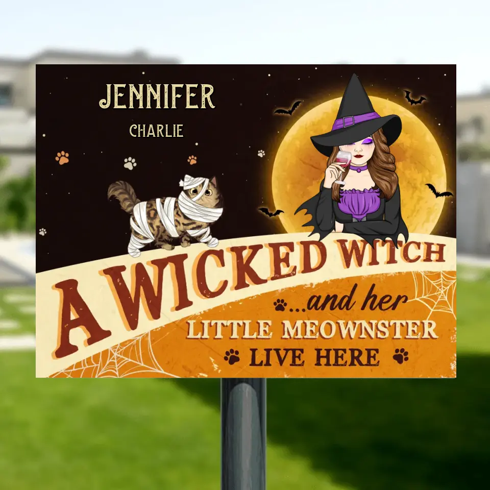 Personalized Witch Cat Metal Sign - Halloween Gift Idea For Family/Pet Lover - Up to 6 Cats - A Wicked Witch And Her Little Meownsters Live Here