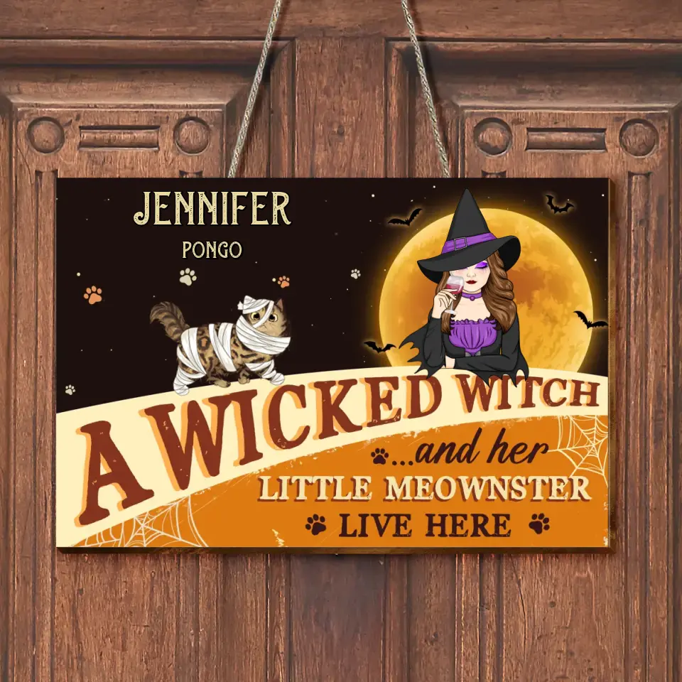 Personalized Witch Cat Wooden Sign - Halloween Gift Idea For Family/Pet Lover - Up to 6 Cats - A Wicked Witch And Her Little Meownster Live Here