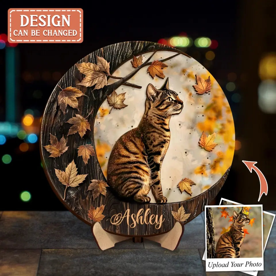 Personalized Cat Moon 2 Layered Wooden Art - Upload Photo - Gift Idea For Cat Lover