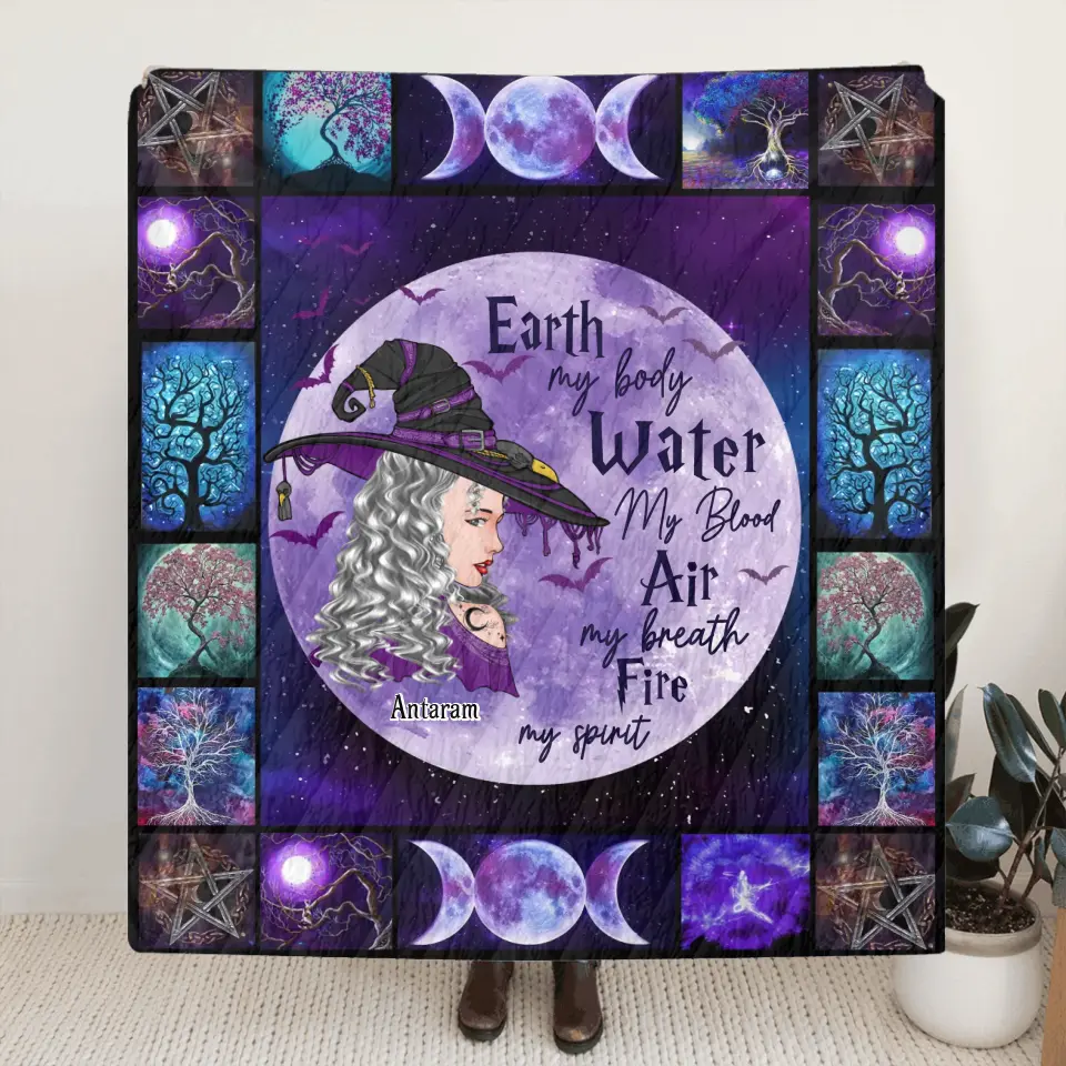Personalized Witch Quilt/Fleece Throw Blanket - Gift Idea For Witch Lover - Earth My Body Water My Blood Air My Breath Fire My Spirit