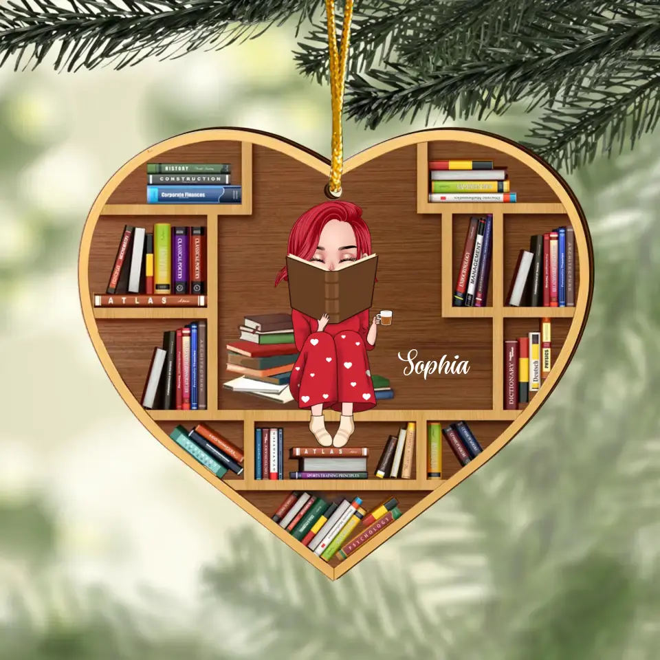 Personalized Reading Girl Heart Shaped Wooden Ornament - Christmas Gift Idea For Book Lover