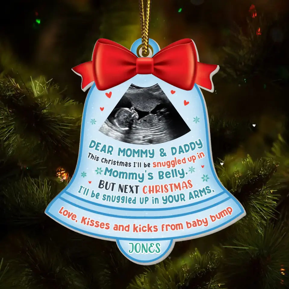 Personalized Baby Bump Acrylic Ornament - Upload Photo - Christmas Gift For Family/New Mom Dad - Dear Mommy & Daddy