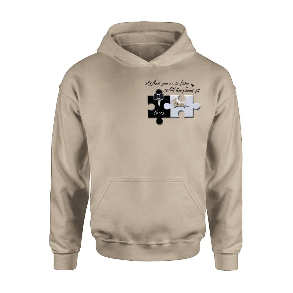 Personalized Couple Puzzle Shirt/Hoodie - Anniversary/Wedding Gift Idea For Couple - When You're In Love All The Pieces Fit