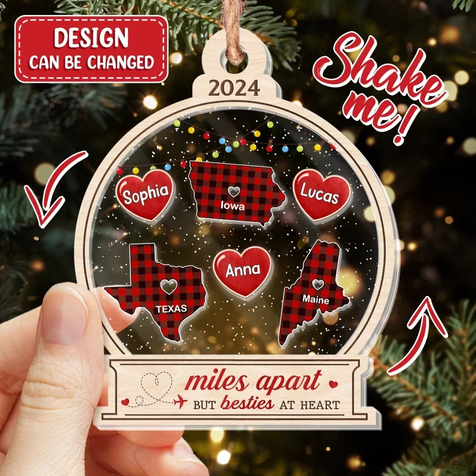 Personalized State 3 Layered Shaker Ornament - Up to 5 People - Gift Idea For Friends/Besties/Sisters - I Wish You Lived Next Door