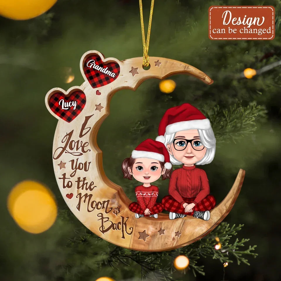 Personalized Grandma And Grandkid 2 Layered Wooden Ornament - Christmas Gift Idea For Grandma - I Love You To The Moon & Back
