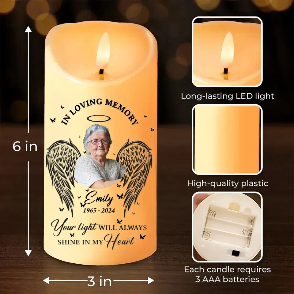 Personalized Memorial Led Candle - Upload Photo - Memorial Gift Idea For Family Member - Your Light Will Always Shine In My Heart