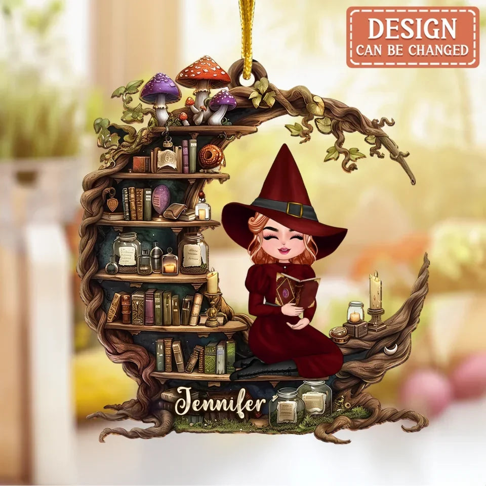 Personalized Witch Reading Book On Moon Wooden Ornament - Gift Idea For Witch/Book Lover