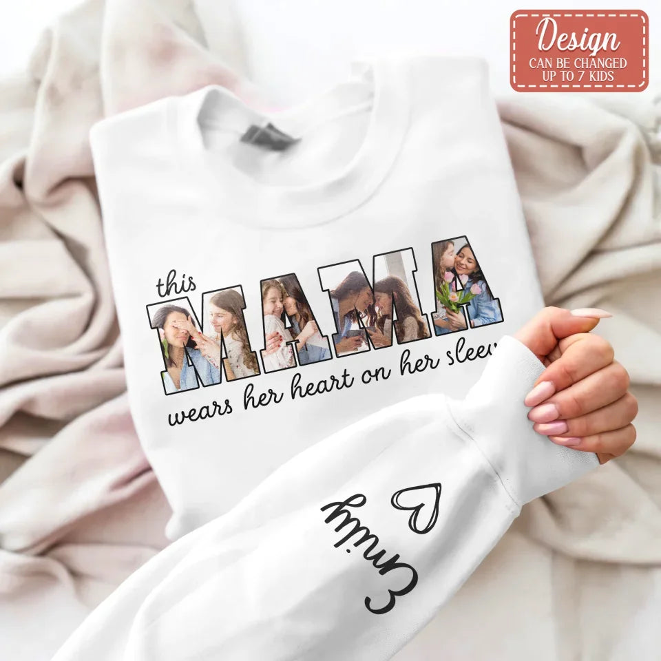 Personalized Mother AOP Sweater - Upload Photos - Gift To Grandma/Mom - This Mama Wears Her Heart On Her Sleeve
