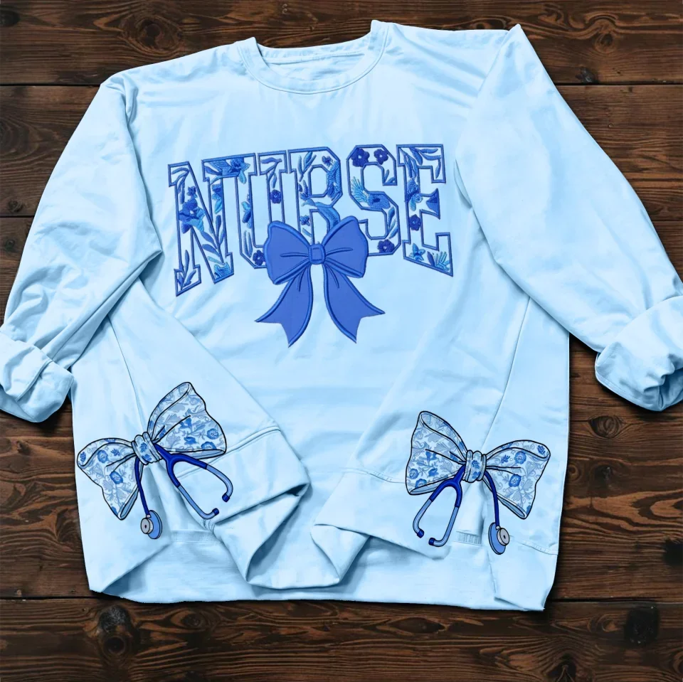 Nurse Chinoiserie Coquette Bow Side Split Embroidered Sweatshirt - Gift Idea For Nurse/ Friend