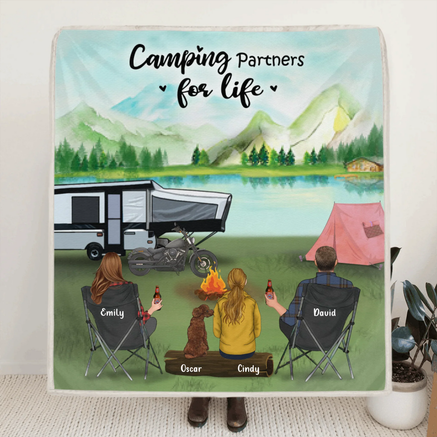 Personalized Camping Blanket - Family with 1 Child and Up to 5 Pets Camping Blanket - Gift Idea For Family, Camping Lovers - Camping Partners For Life - 3KFOG2