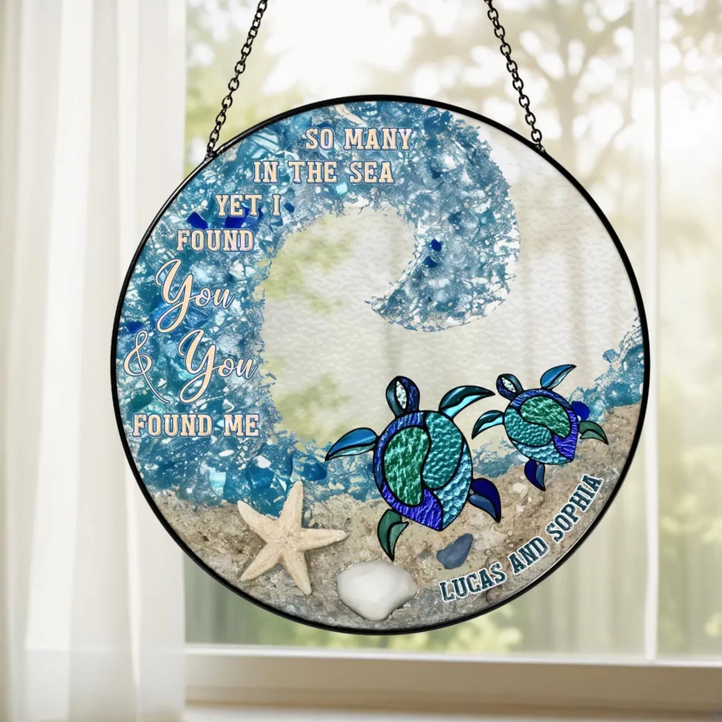 Personalized Sea Turtle Couple Stained Glass Suncatcher Hanging Ornamnent - Gift Idea For Couple / Mother's Day Gift To Wife From Husband