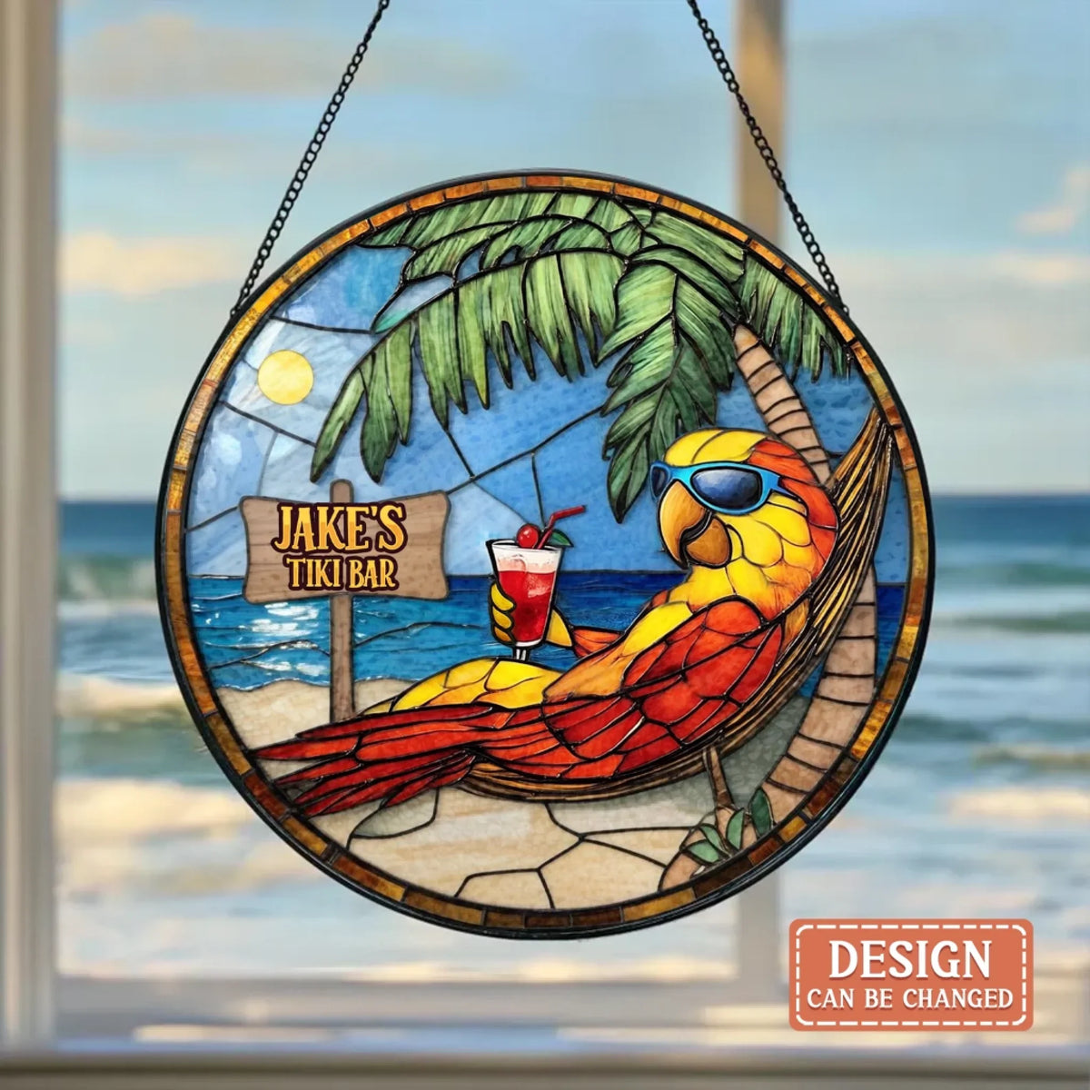 Personalized Tropical Tiki Bar Stained Glass Suncatcher - Summer Gift Idea for Family