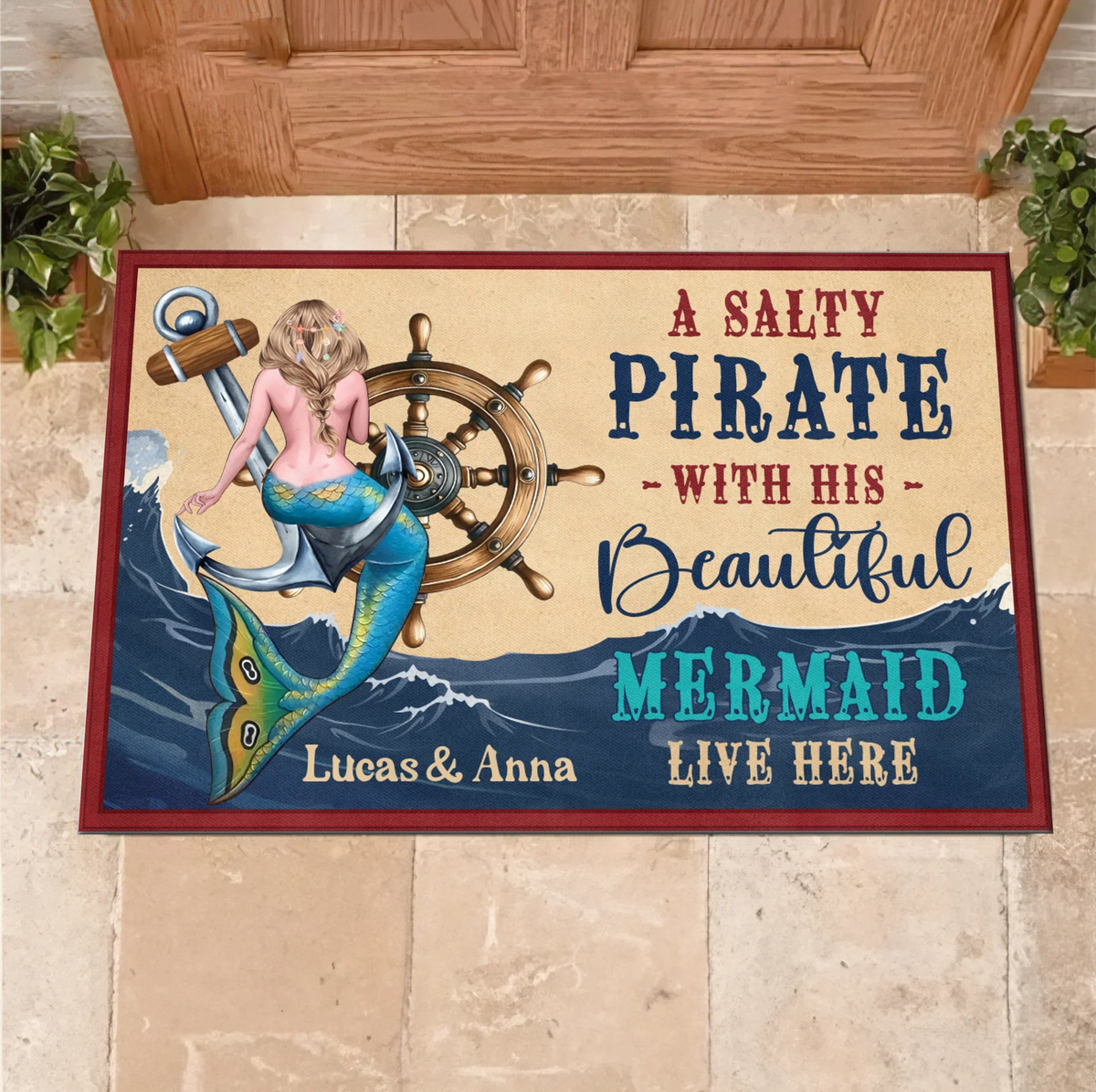 Personalized Mermaid Doormat - Summer Gift Idea - A Salty Pirate And His Beautiful Mermaid Live Here