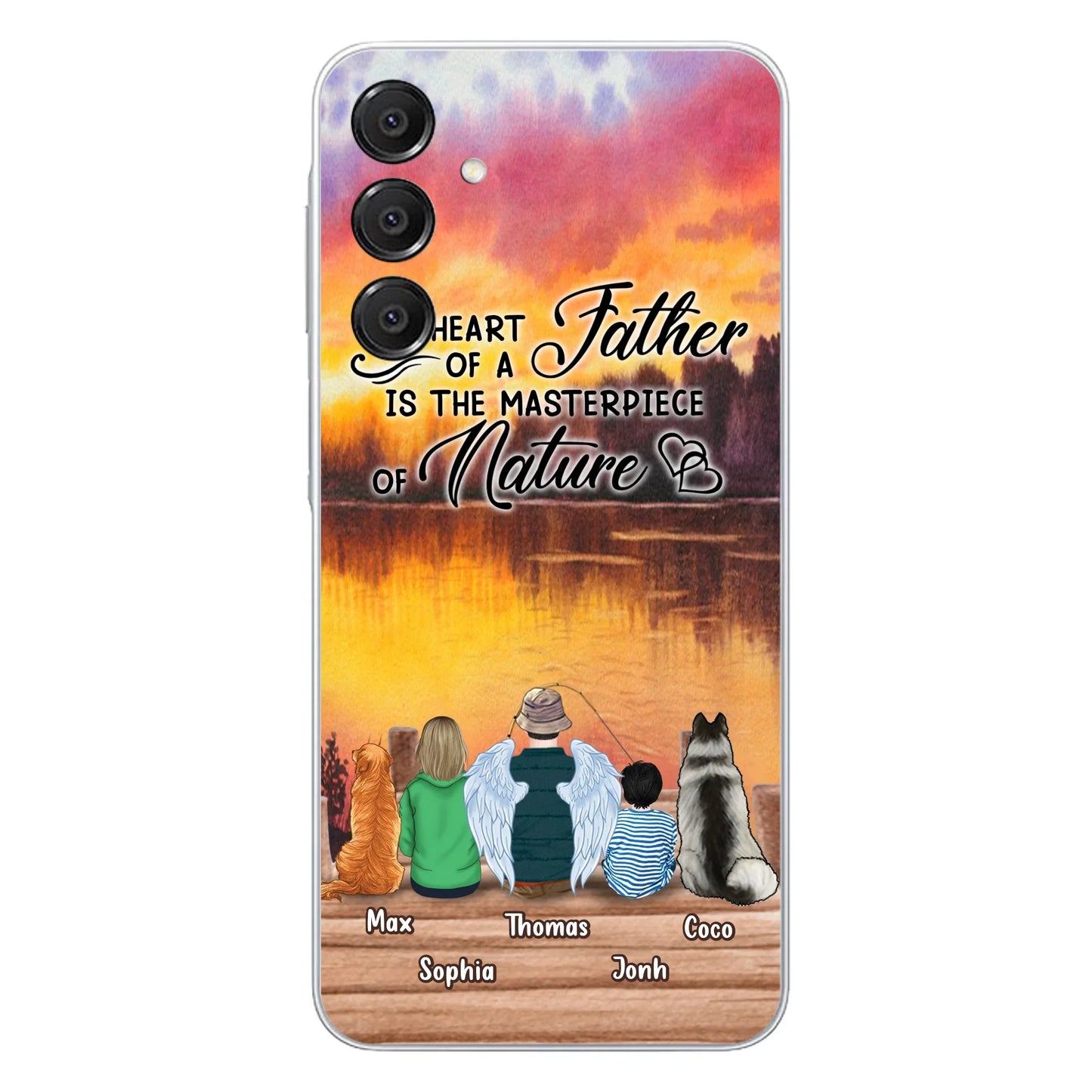 Custom Personalized Father Fishing Phone Case - Father With Up to 2 Kids And 2 Pets - Gift Idea For Father/ Fishing Lover - The Heart Of A Father Is The Masterpiece Of Nature - Case For iPhone And Samsung