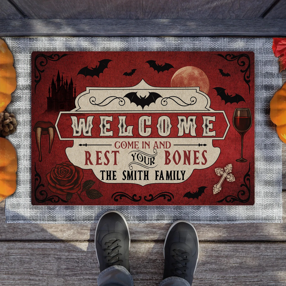 Personalized Horror Doormat - Halloween Gift Idea For Family - Welcome Come In And Rest Your Bones