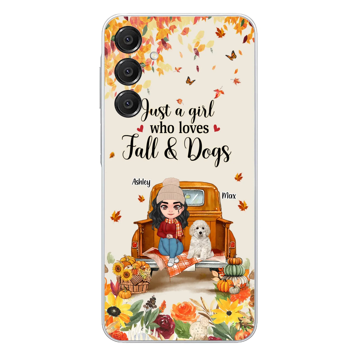 Custom Personalized Dog Mom Autumn Phone Case - Gift Idea For Dog Owners - Upto 5 Dogs - Case For iPhone/Samsung - Just A Girl Who Loves Fall & Dogs