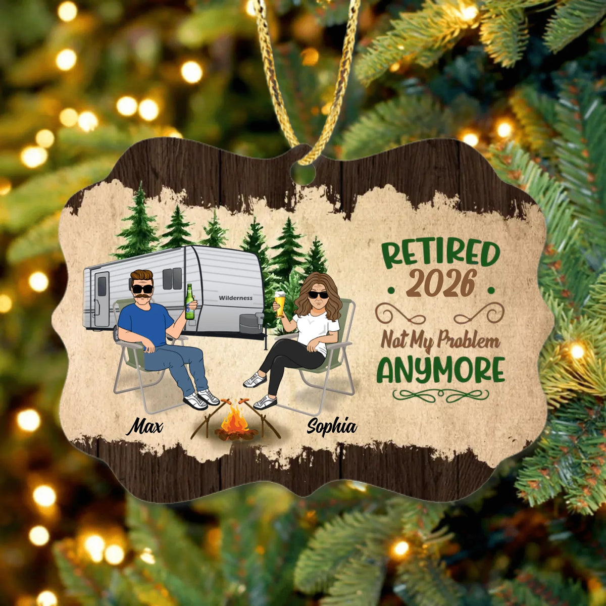 Custom Personalized Couple Rectangle Wooden Ornament - Gift Idea For Couple/Camping Lovers - Retired 2026, Not My Problem Anymore
