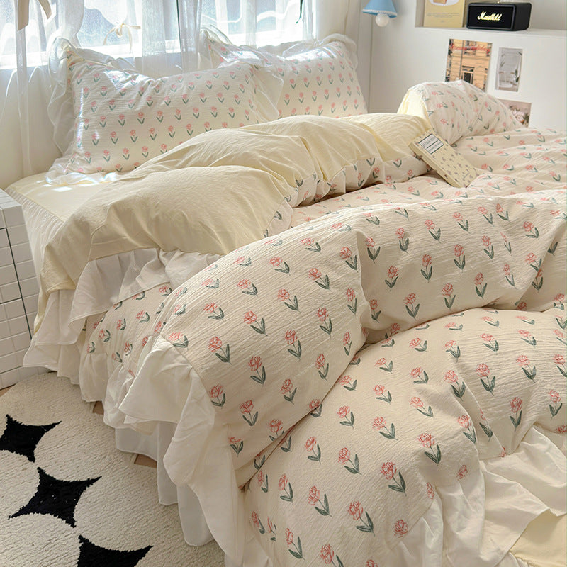Skin friendly French romantic lace washed cotton printed bed bedding skirt four piece set of bed sheets bedsheet